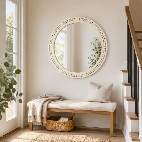 Image of Saliwa 24 Inch Round Bathroom Mirror, White Wood Framed Wall Mirror, Rustic Farmhouse Round Mirror for Vanity, Entryway, Living Room, Bedroom and Hallway