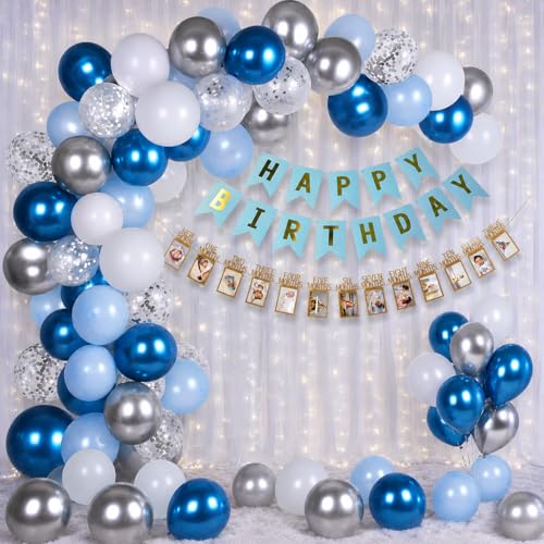 Image of Party Propz 1st Birthday Decoration Kit For Boys - 53 Pcs 12 Months Photo Banner for Birthday, Birthday Banner, Net Curtains, String Light, White, Silver And Blue And Silver Birthday Decoration Kit