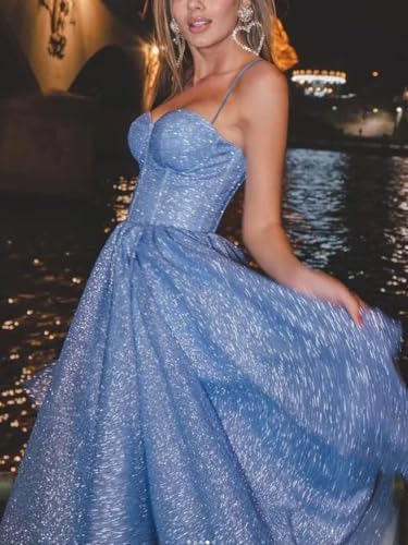 A-line Glitter Tulle Prom Dresses for Women Spaghetti Straps, Tea Length Sweetheart Cocktail Dress Formal Gowns3