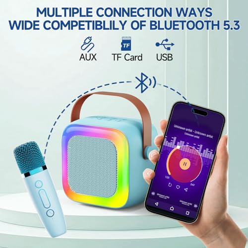 Image of Mini Karaoke Machine for Kids & Adults, Portable Bluetooth Speaker with 2 Wireless Microphones, Magic Voice Effects, Colorful Light Show, Blue, Fun & Portable