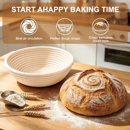 Image of 3 Pack Banneton Bread Proofing Basket, 9 Inch Round Sourdough Proofing Basket with Thick Liner, Splinter Free Food Grade Rattan Handwoven Bread Banneton for Home Baking