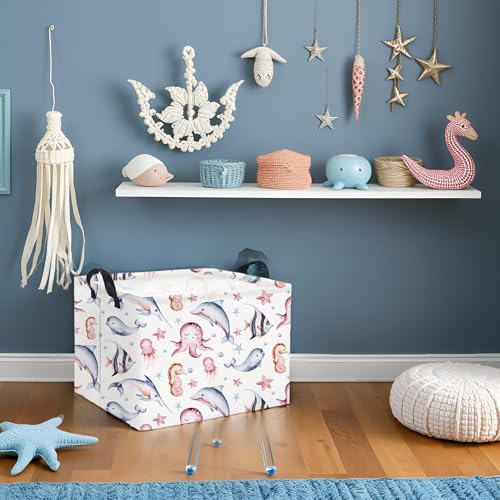 Image of Rectangular Ocean Basket for Kids Baby Basket for Boys and Girls Cute Toy Storage Organizer Bin Box Sea Fishes Room Decor(Sea Fishes)