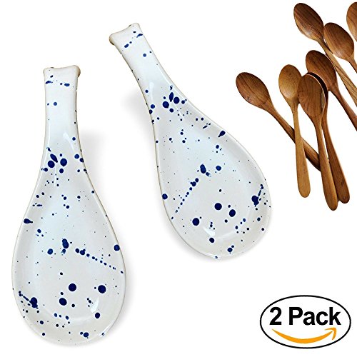 Ceramic Spoon Rest - White and Blue Handmade Modern Kitchen Cooking Decor - No Mess Cooking and Easy Stove Clean Up for Kitchen 2 Pack