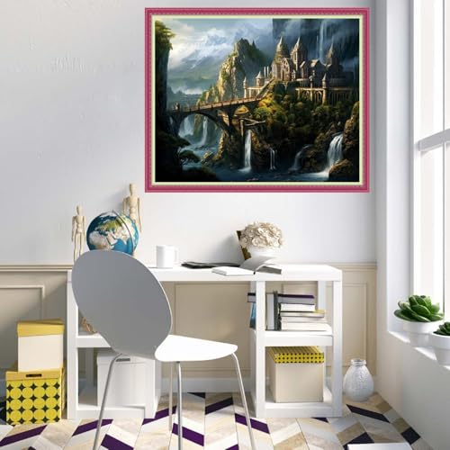 Image of Disnesart Cross Stitch Stamped Full Embroidery Kits DIY 11CT Cotton Thread Printed DIY Needlepoint Kits Craft Needlework Set Cross-Stitch Stamped Sets-Castle Scenery 16x20 inch