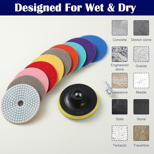Image of 13PCS 4 Inch Diamond Polishing Pads Set, 5 /8''-11 Backer Pad, 50-8000 Grit Pads, Wet /Dry Granite Stone Polish Pad, Grinder Polishing Kit for Granite, Marble, Tile, Stone, Concrete, Quartz Countertop