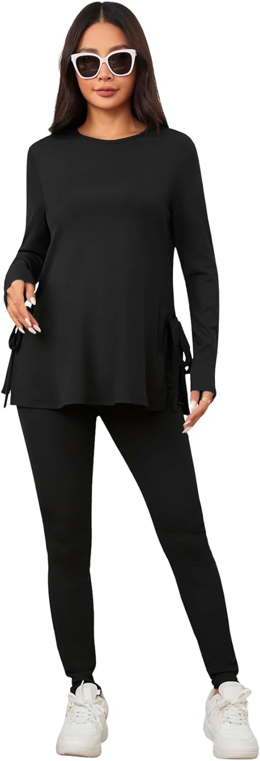 OYOANGLE Women's Maternity Rib Knit Round Neck Knot Side Tee Tops and Leggings Pants Sets