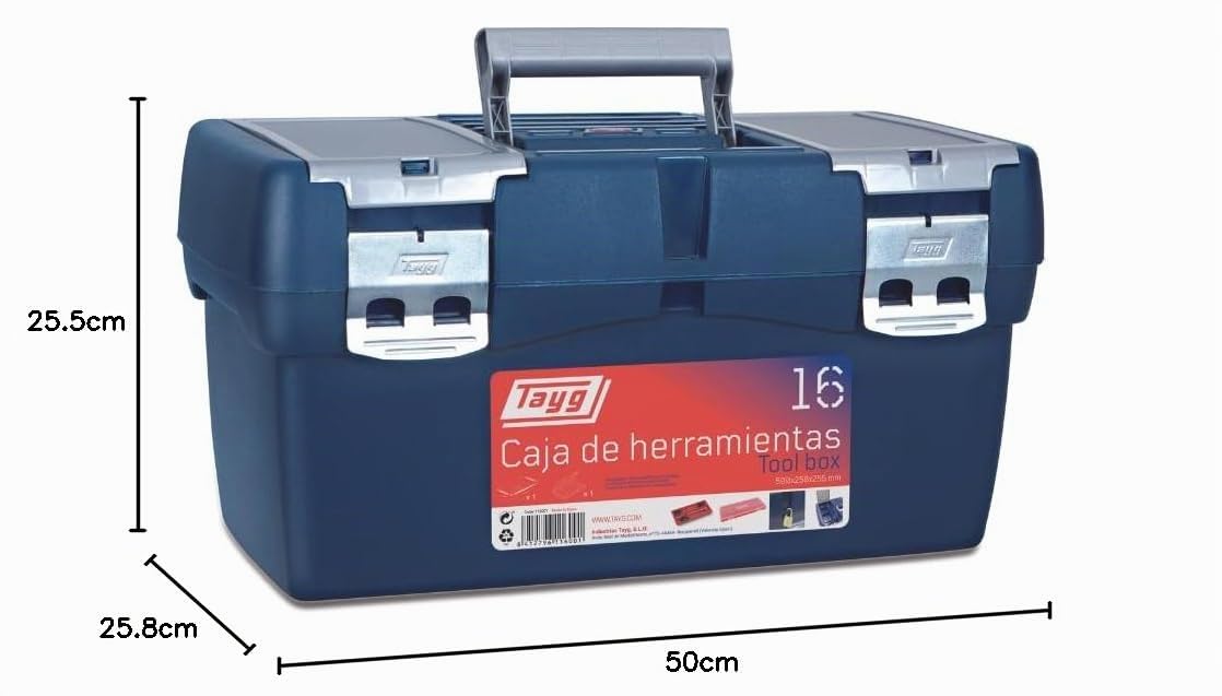 Tayg Caja Herramientas 16, Bandeja Doble Capacidad, Cierres Metálicos, Caja de Herramientas de Polipropileno, Soporta hasta 120 kg, Medidas 500 x 258 x 255 mm, Azul/Rojo