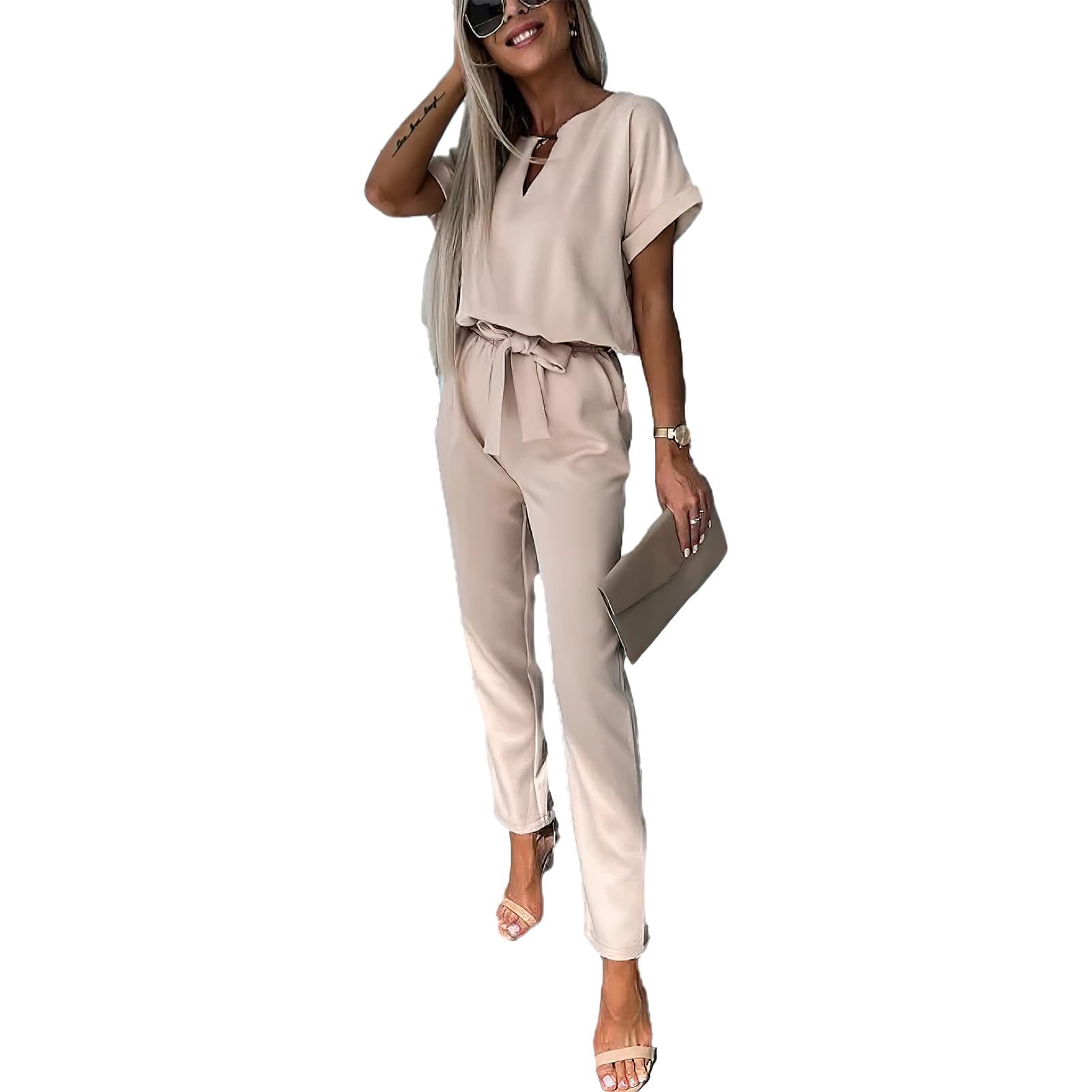 amropi Mono de Manga Corta para Mujer Cuello V Mono de Verano Elegante Pantalones con Cinturón