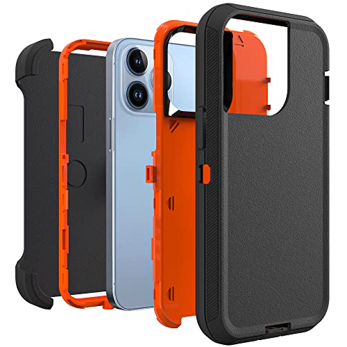 Image of Case for iPhone 12 Pro Max with Clip, Heavy-Duty Tough Rugged Shockproof Drop Protective Cover Phone Cases, Black+Orange