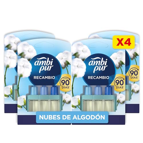 Ambi Pur 3Volution Nubes De Algodón Recambio De Ambientador Eléctrico 80ml, 3 Aromas Que Se Alternan Para Eliminar Olores 4 Unidades