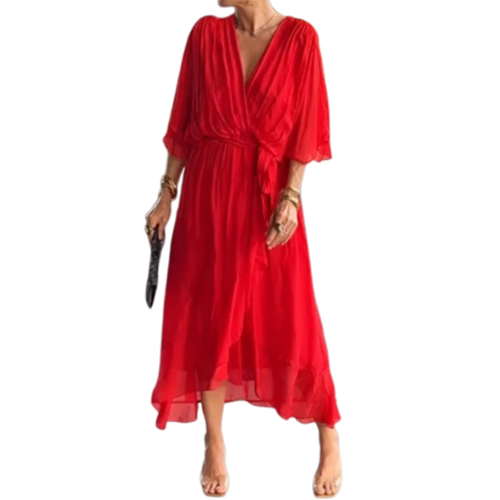 Abito Lungo Elegante e Raffinato con Scollo a V - Vita Alta a Balze fluide per Matrimoni/Feste/Casual