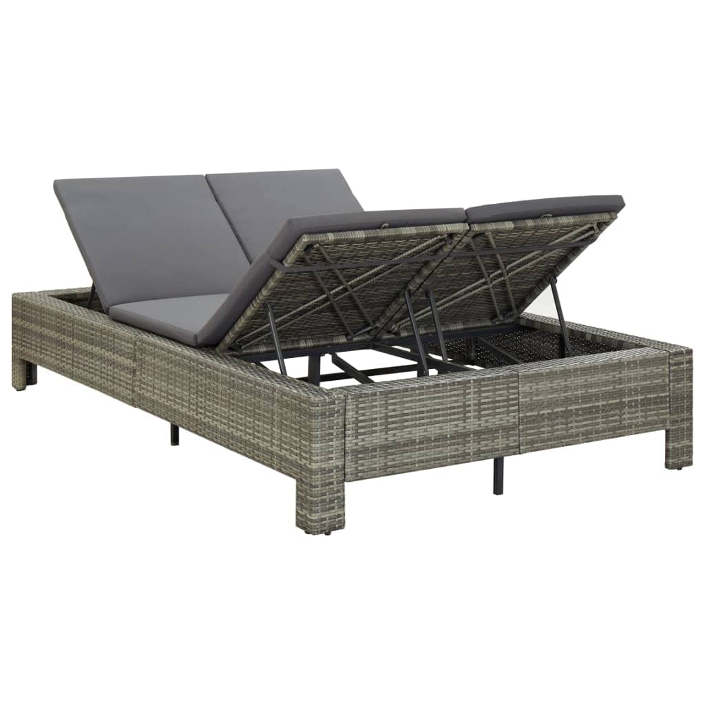 Lettino da giardino per 2 persone, in polyrattan, con cuscino grigio, resistente alle intemperie, per terrazza, balcone, piscina e campeggio, regolabile per un comodo relax