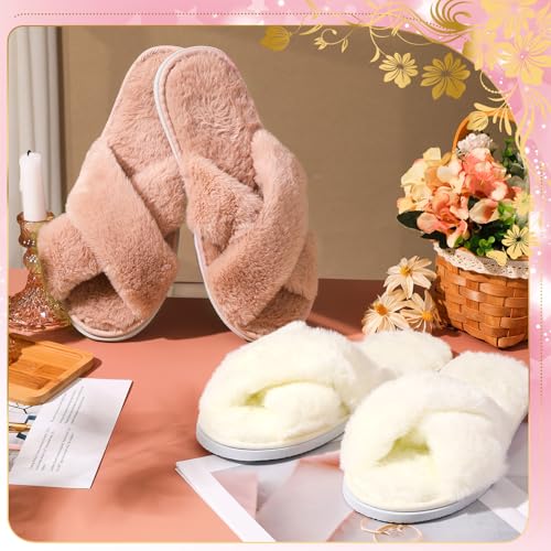 Image of JenPen 7 Pairs Bridesmaids Slippers Women's Cross Band Fuzzy Bachelorette Party Slippers for Wedding Bridal Party