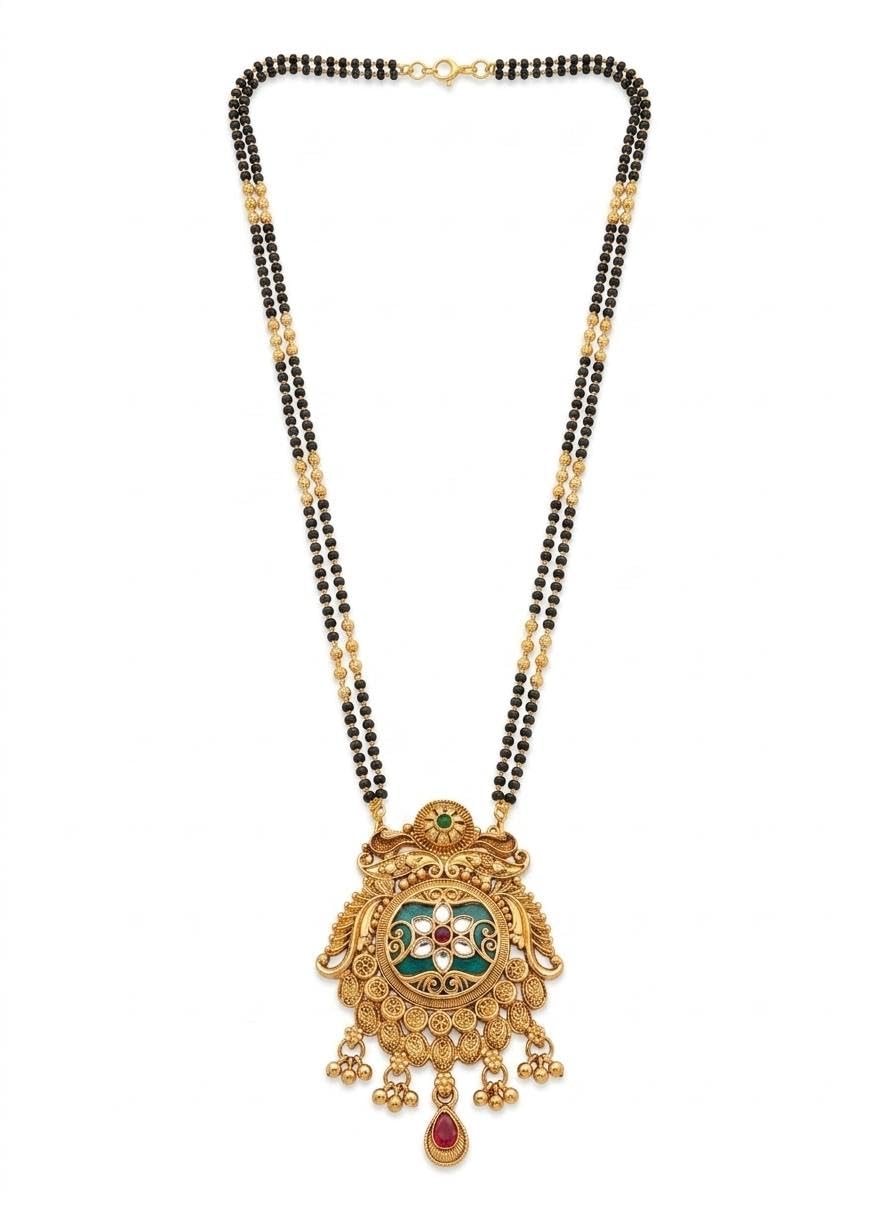 Gold Plated Heritage Mangalsutra for Women with 5 beautiful kundan Pendant, Black Bead Chain, floral Design flower dwsign Bridal Jewellery, Ethnic Daily Wear Necklace Gift for your special once-image-8
