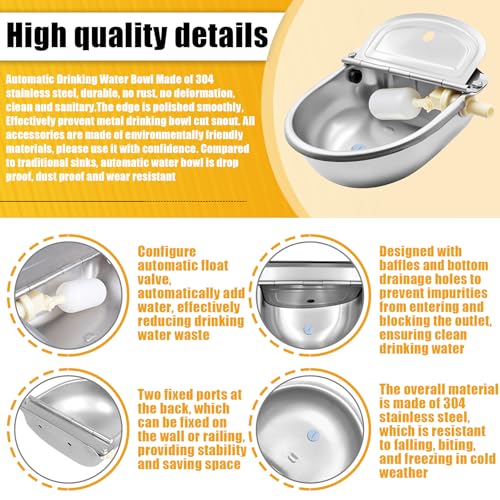 Fsehyue Automatic Animal Drinking Water Bowl with Float Valve and Drainage Hole 304 Stainless Steel Feeder Waterer Livestock Water Trough Suitable for Pet Dog Horse Cattle Goat Sheep 2Pcs(Dia 9in)
