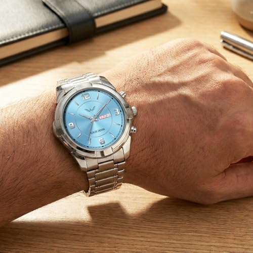 Image of LOUIS DEVIN Stainless Steel Chain Analog Wrist Watch for Men with Day and Date Display (Black /Blue /Green Dial) | LD-GR430-CH