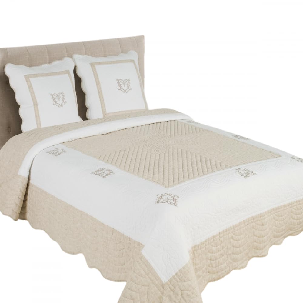 Boutis Peaceland – Grande Dimension 260x260 cm- 100% Coton Coloris Lin. Couvre lit Matelassé, Brodé, Élégant et Douillet