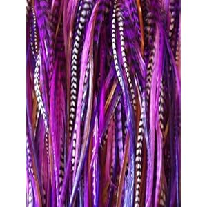 NEW 7″-11″ Feather Hair Extension Long Thin Dark Purple,Violet,Black & Grizzly 5 feathers in total