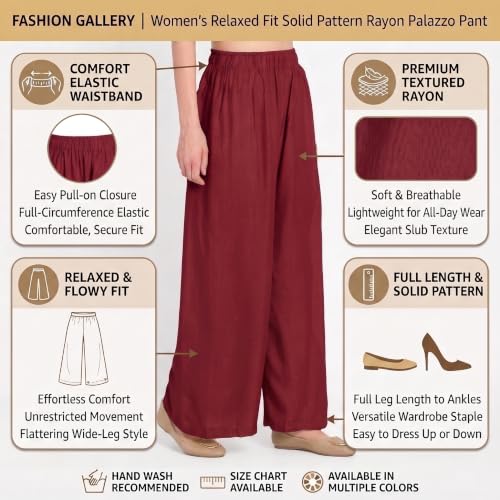 Image of FASHION GALLERY Women's Solid Rayon Palazzo Pants | Relaxed Fit Full Length Wide Leg Palazzo | Elastic Waist Comfortable Casual Lounge Office Ethnic Flared Trousers for Women