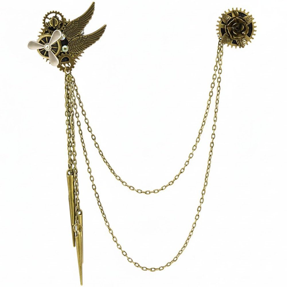 Caeanhi Vintage Steampunk Badge Rivet Tassel Chain Airplane Brooch Suit Lapel Pin Punk Badge Accessory for Shawls Wraps