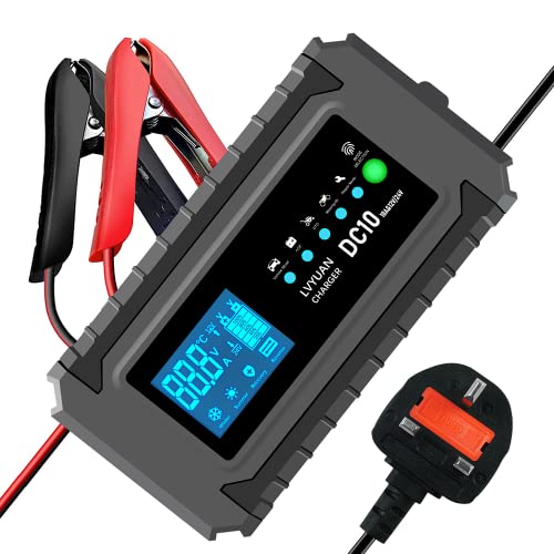 10Amp Car Battery Charger, 12V/24V Smart Fully Automatic Battery Charger with 7-Stage Charging and LCD Screen, Intelligent Charges, Repair, Maintains for AGM, WET & GEL Lead Acid Batteries