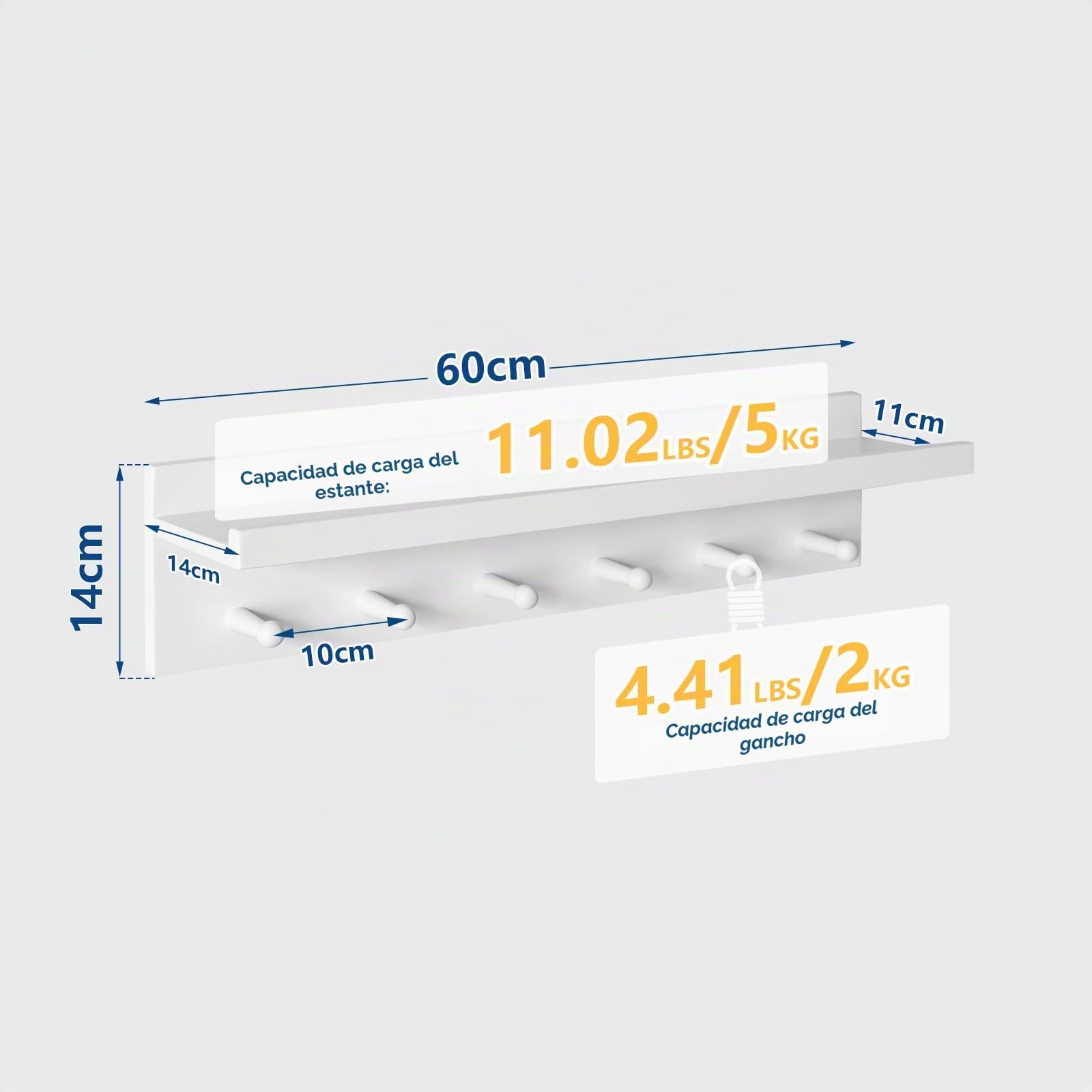 Aibiju Perchero de Madera con Estante Montado en la pared, Estante Colgante de pared de Entrada de 60 cm, para Baño, Cocina, Organizador de Llaves de Toalla Blanco YD-WS0260W