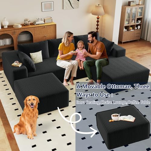 Image of 96 inch Modular Sectional Sofa with Ottoman, Modern Corduroy Cloud Couch with Deep Seat, Boneless Couch Upholstered 3-Seater U-Shaped Sofa for Living Room, No Assembly (Black, Right-Facing Chaise)