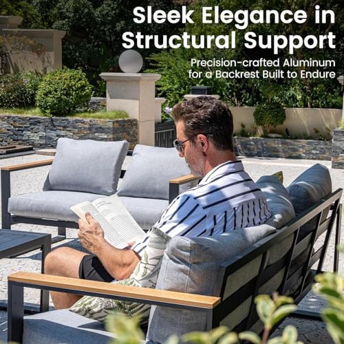 Image of Sundale Outdoor Aluminum Patio Furniture Set, 7 Piece Outdoor Conversation Sets with Coffee Table, Ottoman and Washable Thick Cushions, All Weather Outdoor Sectional Set for Deck, Lawn, Yard (Grey)