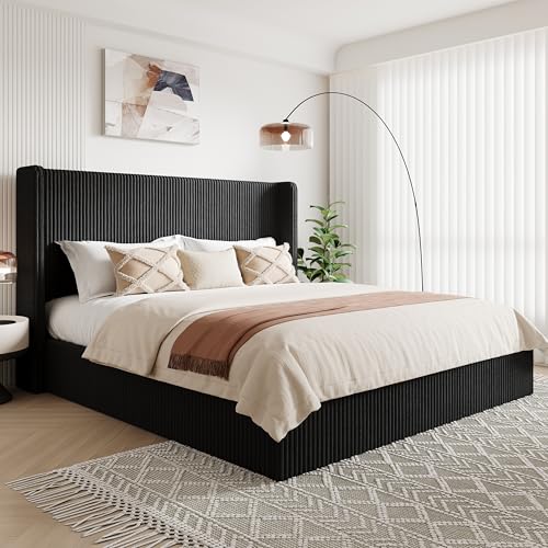 Image of Allewie King Lift-Up Storage Bed Frame, Corduroy Wingback Headboard, Black