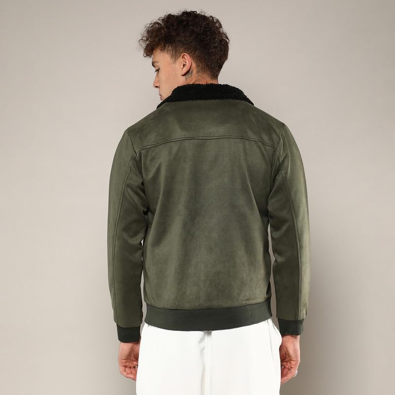 Image of CAHOOT Men's Army Green Fur-Lined Suede Bomber Jacket For Casual Wear | High Neck | Long Sleeve | Zipper Closure | Jacket Crafted With Comfort Wear For Everyday Wear