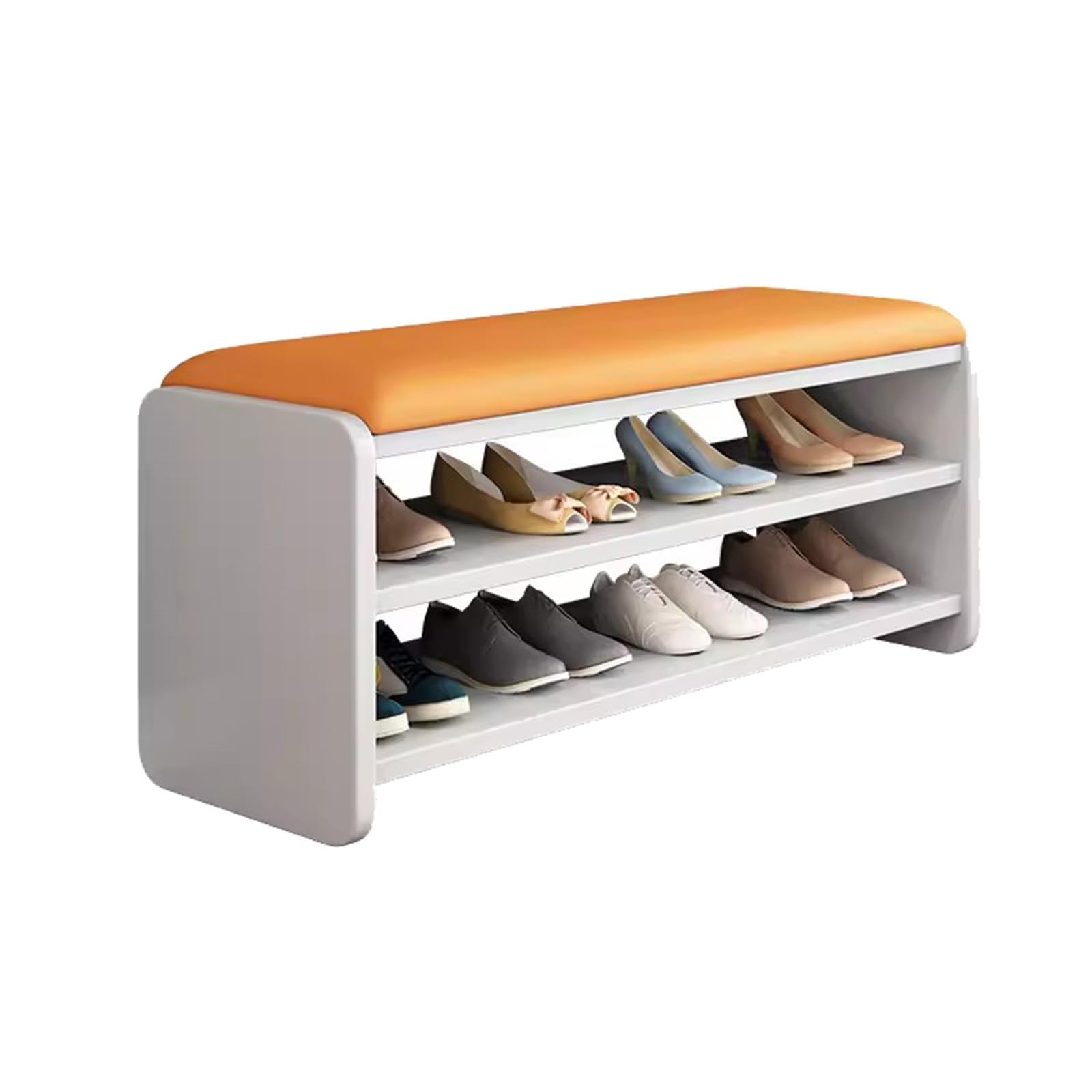 MYUYEE Shoe Bench With Seat Cushion - 2 Tier Storage Shelf Orga For Living Room, Hallway, Bedroom - Padded Seat, Self-Assembly Cabinet(White+Orange-L80Cm/31.5In)