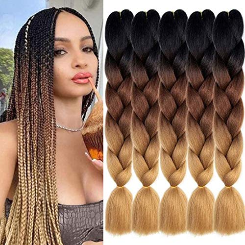 Kanekalon Ombre Braiding hair synthetic Crochet braids twist 24inch 5pcs/lot 100g Ombre two three tone Jumbo braid hair extensions Dreadlocks (black-darkbrown-lightbrown)