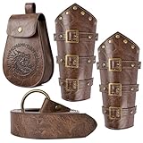 MehelloFeather Renaissance Accessories 3 PCS Viking Belt Brown Medieval Vintage Pouch and Leather Bracers Men & Women Medieval Cosplay Costumes Accessories
