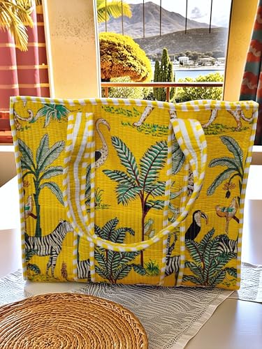 Image of Cotton Tiger Block Print Tote Bag, Indian Handmade Shopping Shoulder Bag, Unisex Market Daily Use