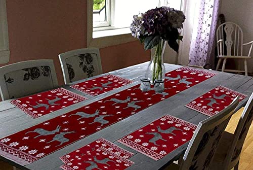 Galaxy Home Decor Dining Table 6 Table Mats with Runner (Mat 13x18 inches and Runner 13x54 inches) Washable Cotton Mat Jacquard Fabric Deer, Multicolor