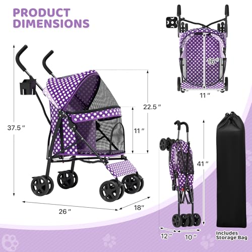 Image of Magshion Compact Fold Pet Travel Stroller for Small Dogs Cats, Purple
