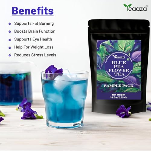 Image of TEAAZA Blue butterfly Pea Flower tea For Weight loss,belly fat,skin & acne|Caffeine Free Herbal Tea|100% Organic Blue Pea Tea|Plant Based|ANTIOXIDANT RICH|10 Grams|20 Cups|Non - GmO - Vegan