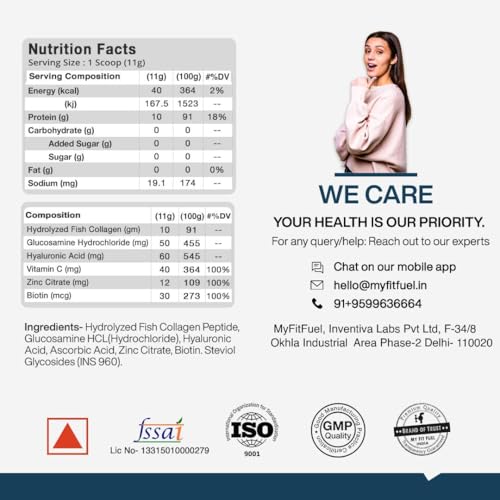 Image of MyFitFuel Hydrolyzed Beauty Marine Collagen Peptides (100gm, Orange) with Biotin, Hyaluronic Acid, Zinc, Vitamin C & Glucosamine | For Skin, Hair, Nails & Joints