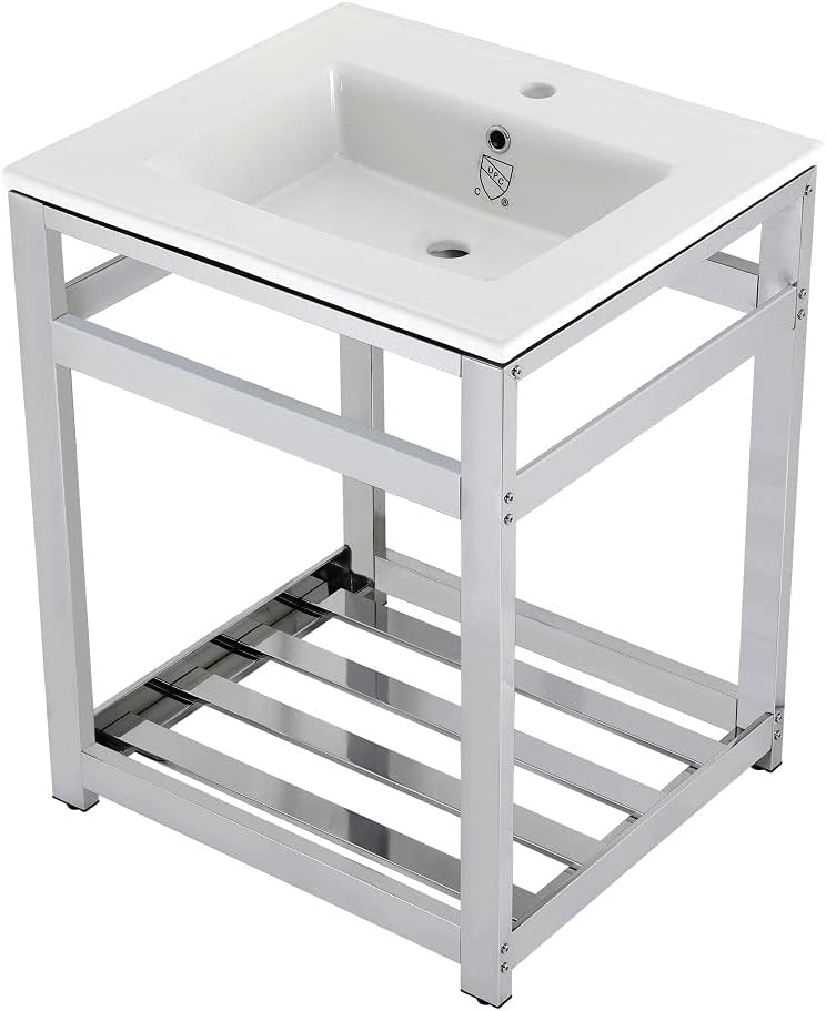 Kingston Brass VWP2522A1 Quadras 25-Inch Ceramic Console Sink (1-Hole), White/Chrome