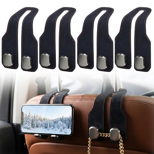 Image of Fauppt Headrest Hooks for Car Car Seat Hooks for Headrest,2026 Hooks for Purses and Bags Cute Car Purse Holder,Twinhook Leather Car Headrest Hangers Seat Back Organizers for Travel (Black*4)