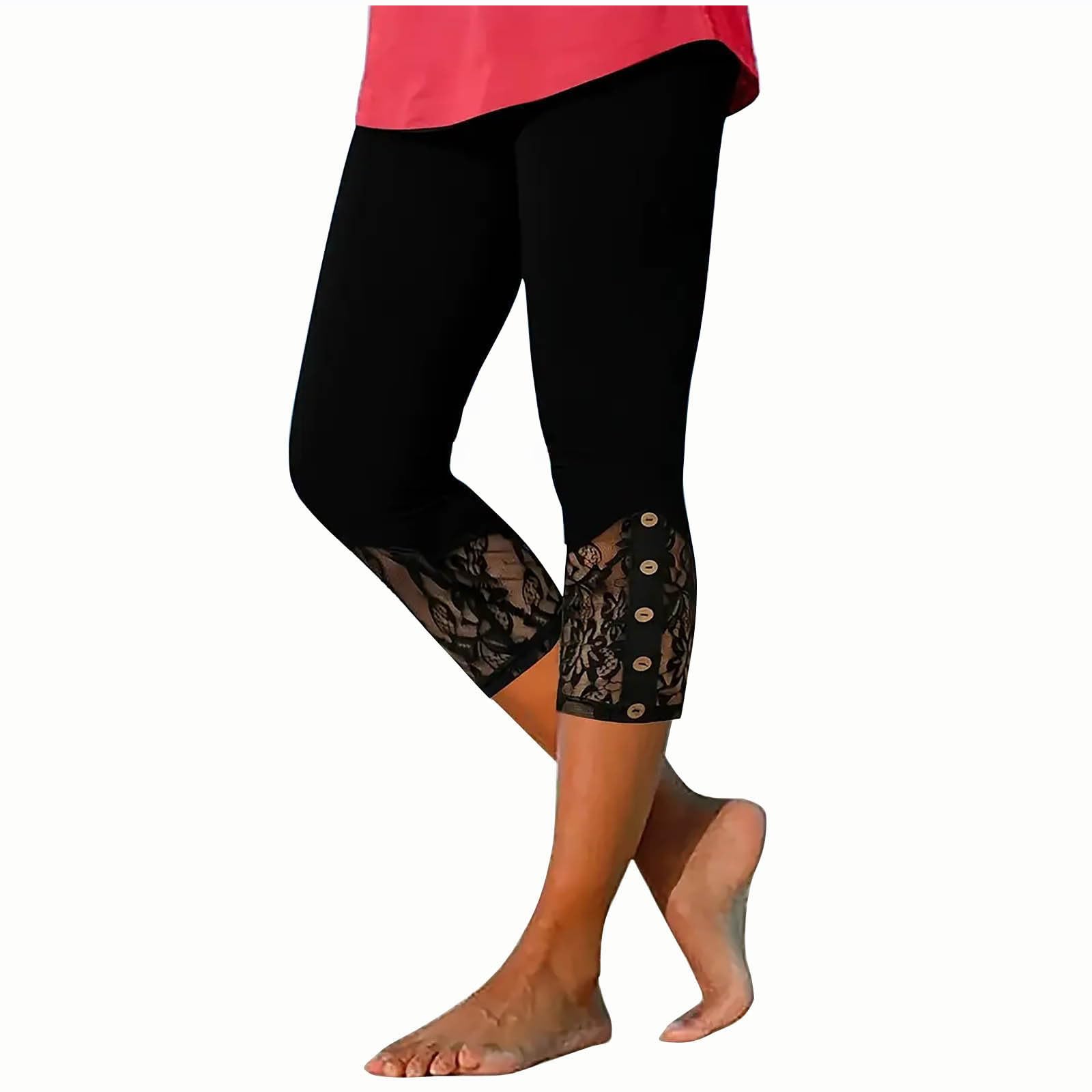EMATOP Sexy Spitze Leggings Damen 3/4 Sport Caprihose High Waist Kurze Sporthose Blickdicht Elegant Capri Hose Baumwolle Leicht Jogginghose Bequem Einfarbig Yogahose Casual Sportleggins