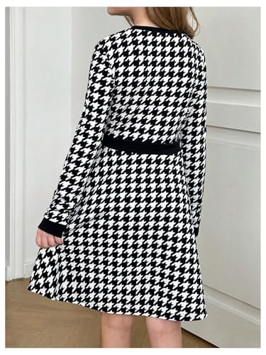 SweatyRocks Girl's Houndstooth Print A Line Dress Crewneck Long Sleeve Button Front Short Dresses2