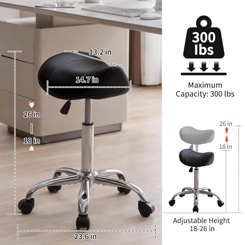 Image of FIRAVOE Saddle Stool, Swivel Saddle Stools with Wheels, Adjustable Rolling Stool 18 inch-26 inch, Faux Leather Rolling Saddle Stool for Salon, Massage, Clinic, Lab, Office (Black, 1PCS (18 inch-26 inch))