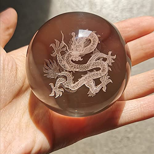 HDCRYSTALGIFTS 3D Inner Carved Dragon Crystal Ball Paperweight 60mm Glass Ball Ornament Lucky Sphere for Birthday Gift with Wooden Base