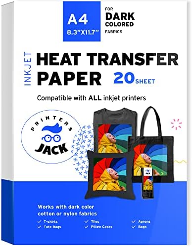 Printers Jack Iron-On Heat Transfer Paper for Dark Fabric 20 Sheet 8.3x11.7" T-Shirt Transfer Paper for Inkjet Printer Wash Durable, Long Lasting Transfer, No Cracking