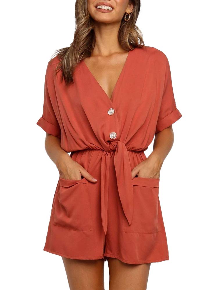 IvayWomens V Neck Button Rompers Knot Tie Short Sleeve Sexy Loose Playsuit Jumpsuit with Pockets