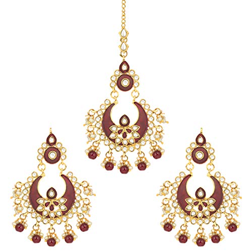 Aheli Classy Maroon Enamel Faux Stone Chandbali Style Earrings with Maang Tikka Set Indian Traditional Jewelry for Women