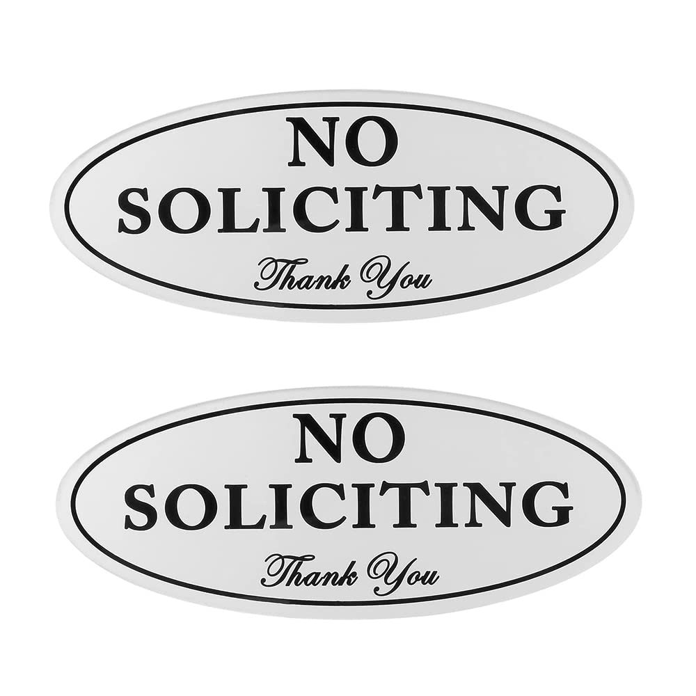 Kichwit 2 Pack No Soliciting Sign, 2.8” x 7”, Keeps Unwanted Visitors Away, No Deforming, Residue Free Adhesive Included, Silver