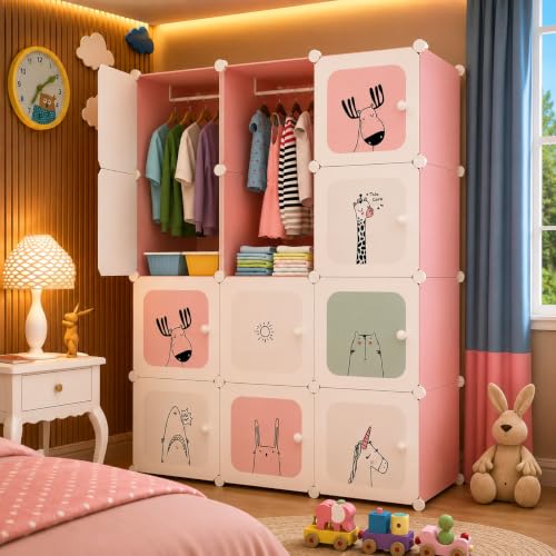 Image of Kids Plastic Modular Wardrobe Storage Cabinet | DIY Clothes Organizer Closet for Children | Multi-Compartment Foldable Storage Cupboard with Hanging Space | Pink Cartoon Design