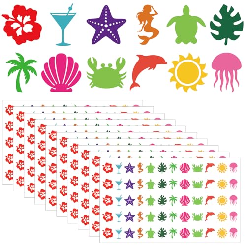JarThenaAMCS 720Pcs Sea Beach Tanning Sunbathing Stickers Starfish Turtle Dolphin Palm Hibiscus Self Adhesive Body Decals for Summer Hawaiian Tropical Luau Salon Party Supplies